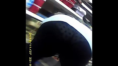 hot milf in store see thru lycra pants,